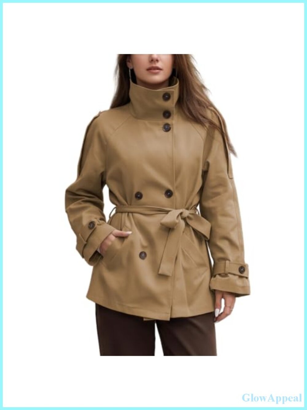 Women Double Breasted Windbreaker High Neck Button Down Jacket Trench Coat
